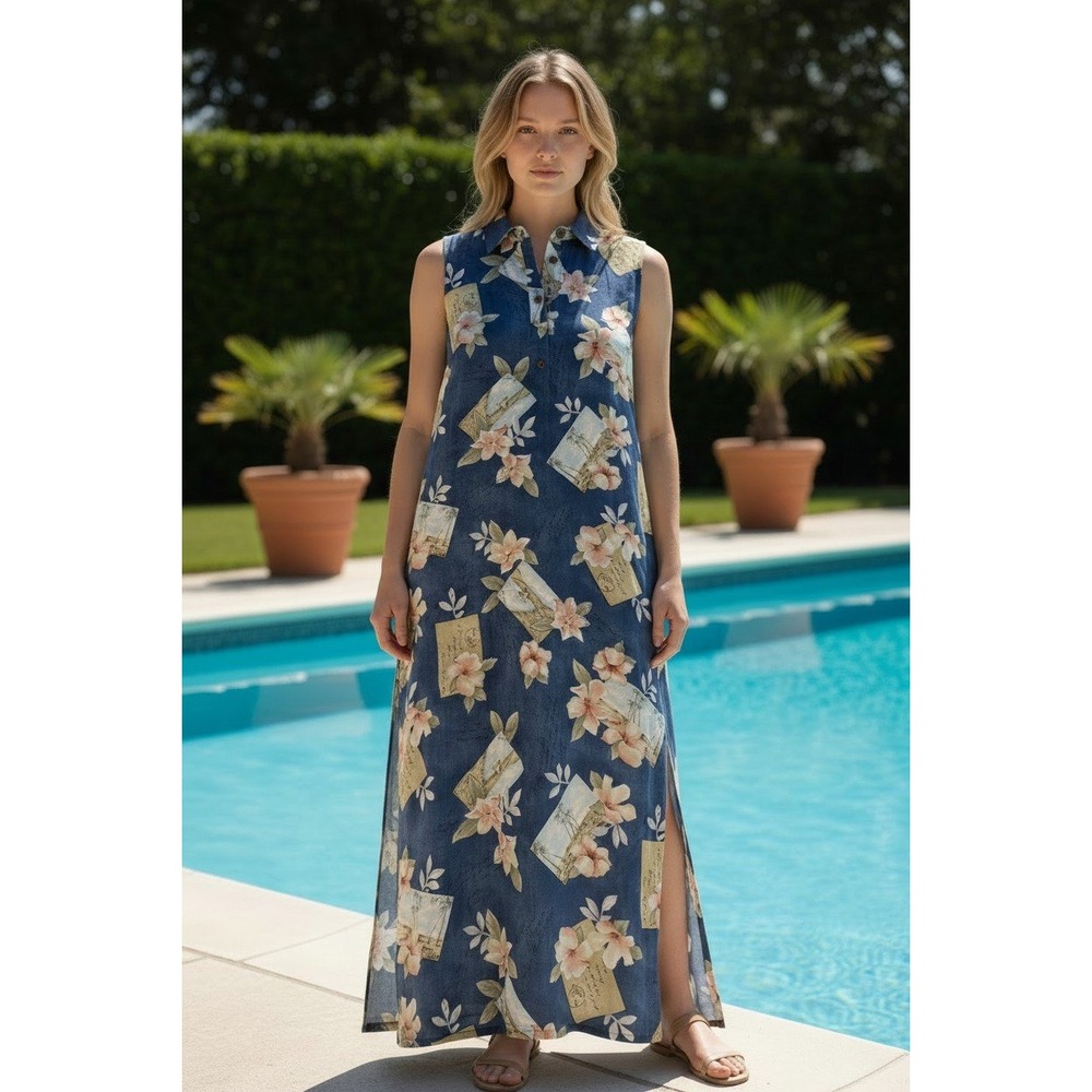 Caribbean Joe Women Maxi Dress Blue Tropical Floral Postcard Rayon Sleeveless XL - Picture 1 of 15